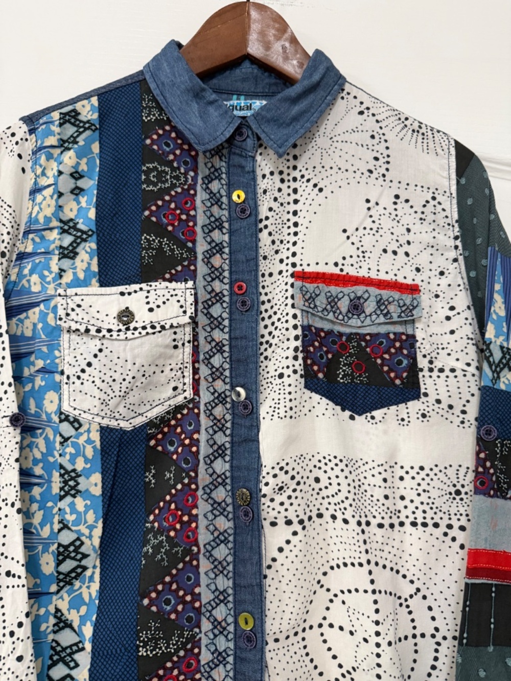 Desigual CAM_MARTE Patchwork Button Down Shirt Women’s M Multi-Pattern Cotton - Picture 5 of 15